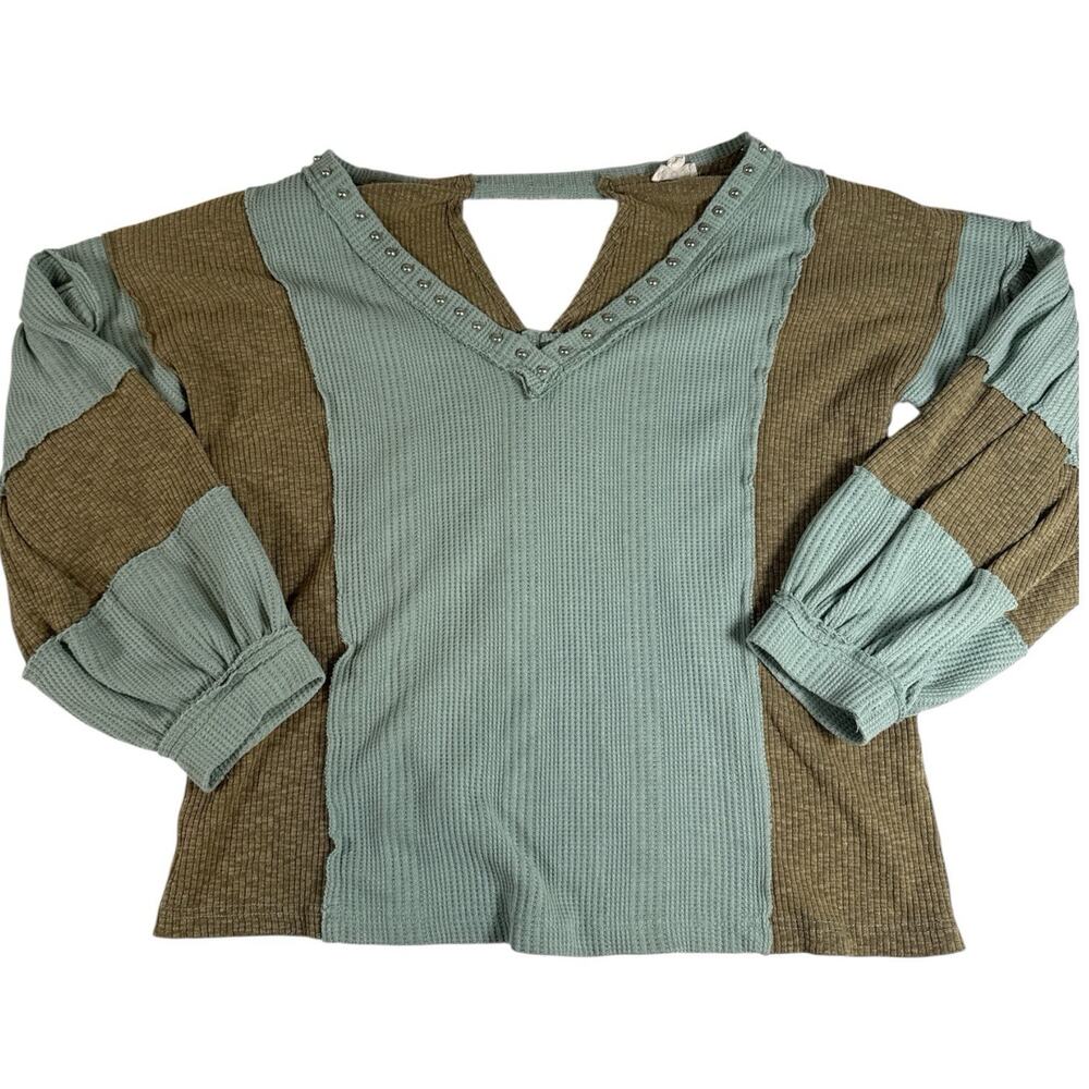 POL Studded V-Neck Colorblock Boho Blouse | Size L